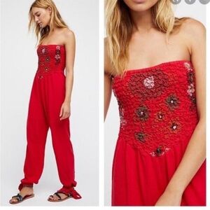Free People Red Floral Embroidered Jumpsuit